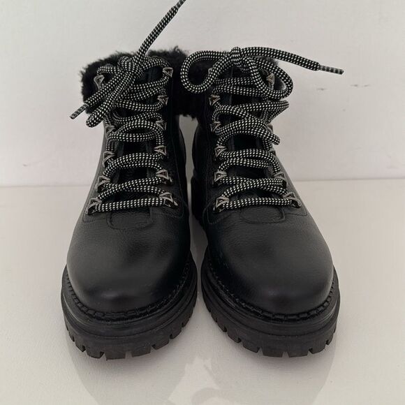 M. Gemi Alpi Combat Boots EU 38.5 Black Leather Shearling Fur Trim Lace Up - Picture 2 of 7